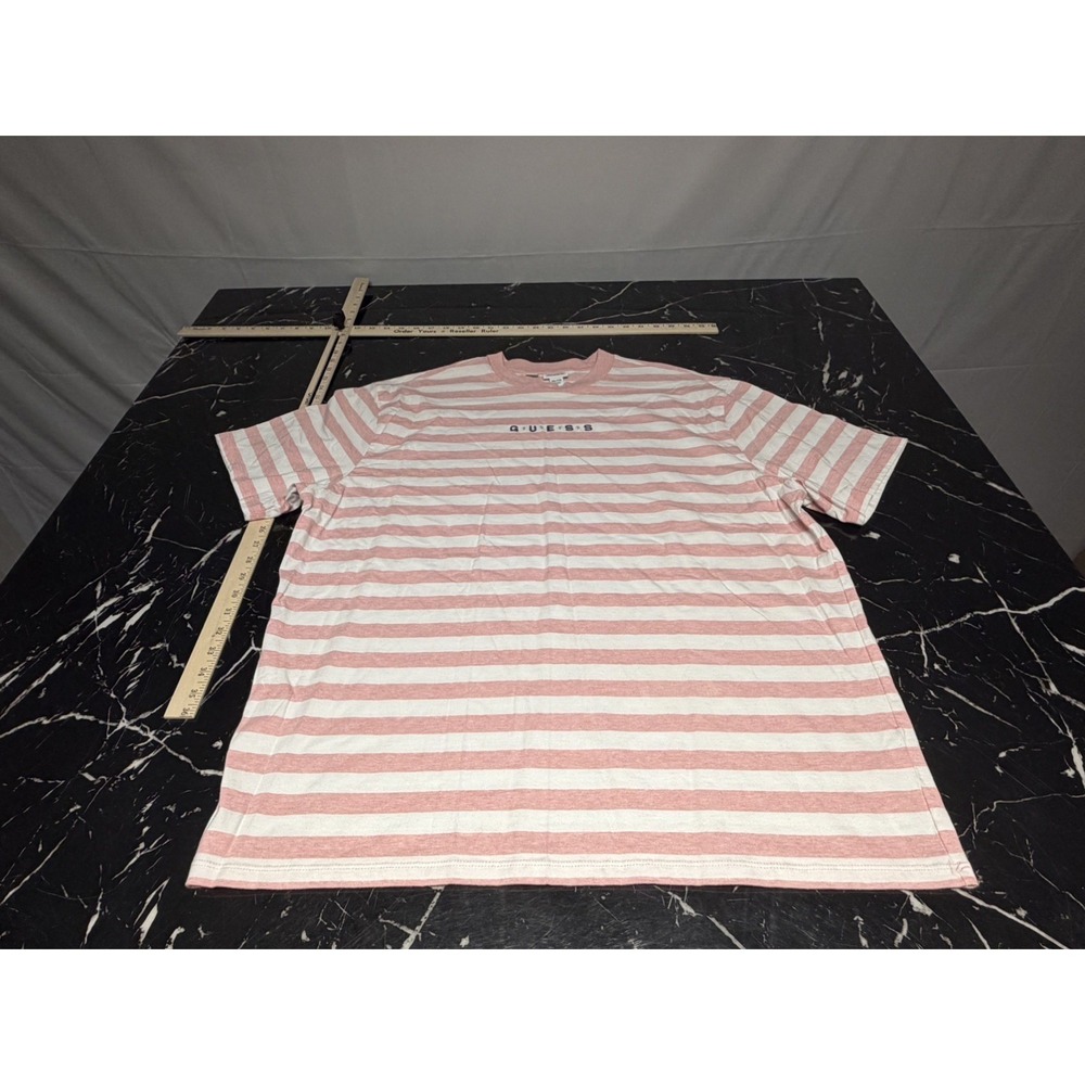 Guess Originals Mens Pink White Striped Logo T-Shirt Size 2XL Crew Neck Cotton